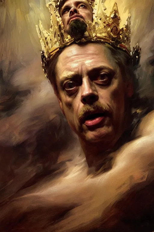 Image similar to beautiful detailed expressive impressionistic oil painting portrait of ancient roman god emperor steve buscemi ascending on high wearing the civic crown, renaissance painting, dark background, art by anders zorn, wonderful masterpiece by greg rutkowski, expressive brush strokes, beautiful cinematic light, american romanticism by greg manchess, jessica rossier