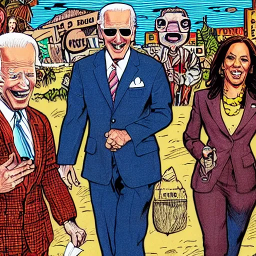 Image similar to The Artwork of R. Crumb and his Cheap Suit - Joe Biden and Kamala Harris, pencil and colored marker artwork, trailer-trash lifestyle