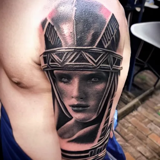 Prompt: medium shot of a gladiator wearing a galea, tattoo, tattoo art, Black and grey tattoo style