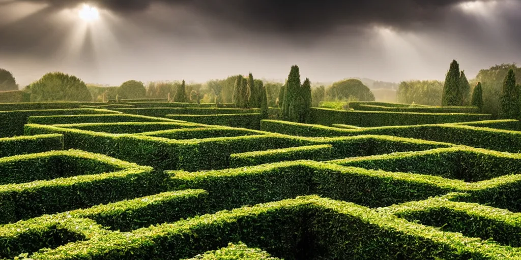 Prompt: nature photo of an epic scale hedge maze in the countryside of spain, beautiful, romantic, mysterious and ancient, overcast day wiht god rays