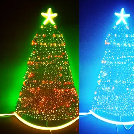 Image similar to a christmas tree made out of neon lights in a dark room