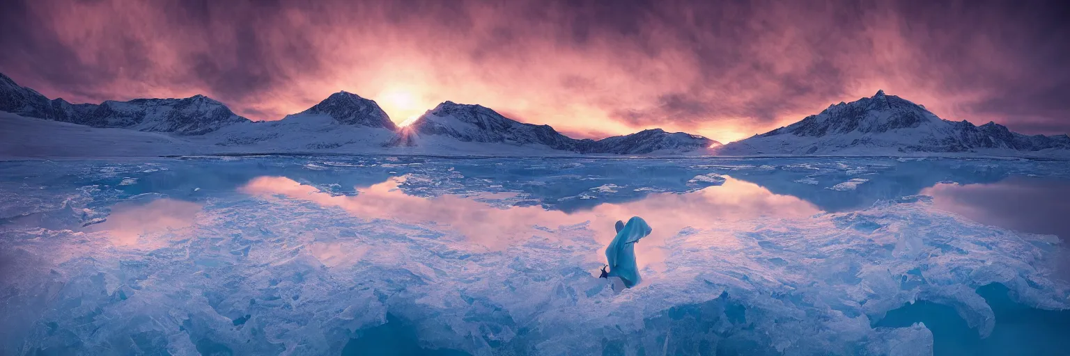 Image similar to photo of a Frozen Human Giant stuck under the ice transparent frozen lake at sunset by marc adamus beautiful dramatic lighting