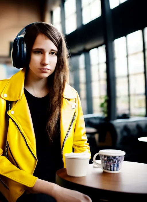 Prompt: young adult woman in a coffee shop wearing bright yellow headphones and a leather jacket looking unamused, natural light, unreal engine