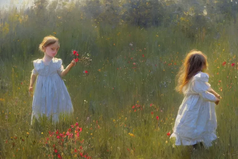 Image similar to little girl in summer dress, plucking wild flowers, sunlight, jeremy lipking, joseph todorovitch