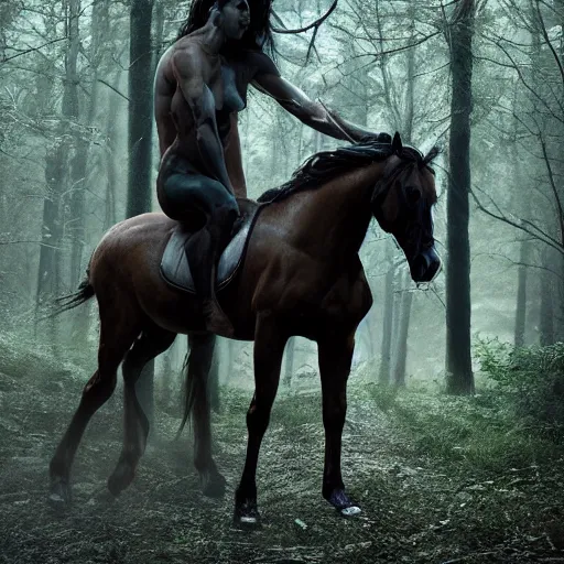 Image similar to centaur consisting of a horse and a human, featured on artstation, photograph captured in a dark forest