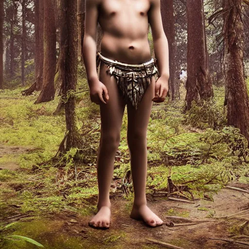 Prompt: a teenage boy, around 1 6 yo. iron necklace and sandals. natural brown hair. loincloth, pale skin. detailed face. ominous and eerie looking forest in background. natural colors. hyperrealistic photo.