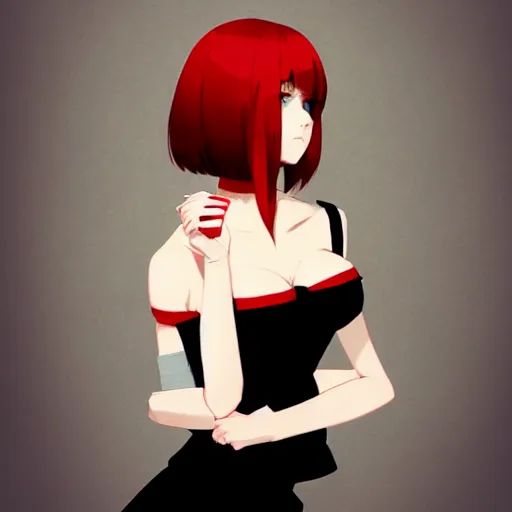 Image similar to elegent girl with red hair and green eyes, wearing a camisole, red and black color palette, in the style of and ilya kuvshinov and greg rutkowski, high quality anime artstyle, intricate