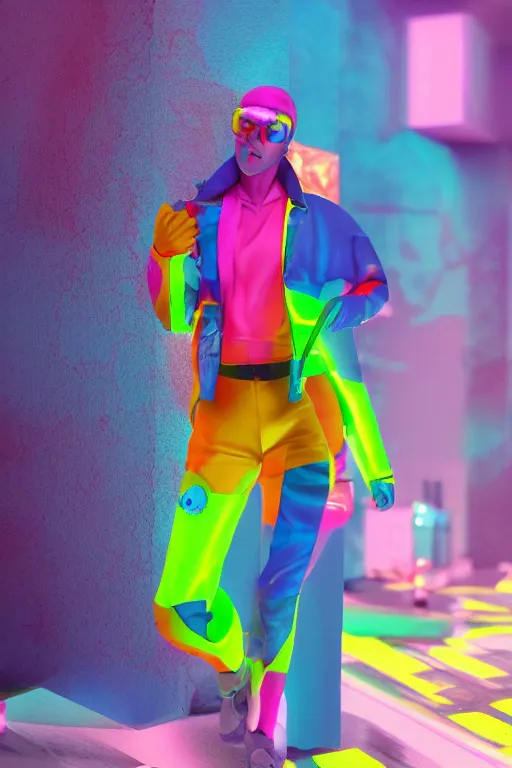 Prompt: a scene with a character wearing a super colorful fluo suit, vivienne westwood, detailed photoreal render octane render