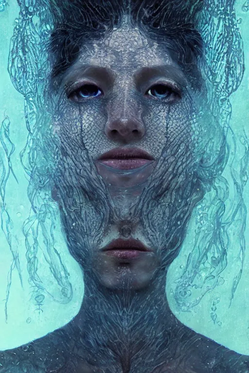 Image similar to dark underwater portrait of a Mayan woman, with (reaction diffusion) scaled fish skin. face closeup. long intricate dark hair, with Bioluminescent jellyfish. very high detail, illustration, by ruan jia