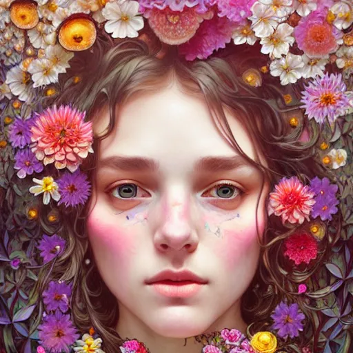 Image similar to Portrait of a girl surrounded by flowers and morphing into mushrooms, face, fantasy, intricate, elegant, highly detailed, digital painting, artstation, concept art, smooth, sharp focus, illustration, art by Fernanda Suarez and Artem Demura and alphonse mucha