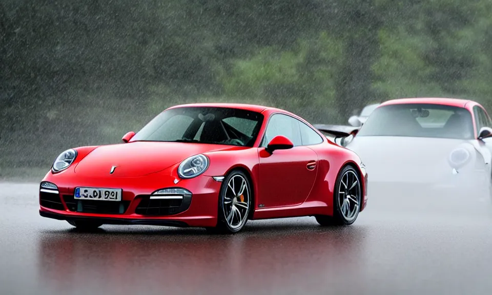 Prompt: photo of a porsche 9 1 1 driving fast in the rain