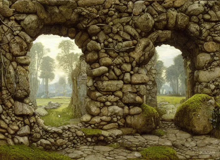 Image similar to labyrinth stone wall with two doors. one is a a carved stone door overgrown with moss. the other is a door made of old wood and rusty metal. by edgar maxence and caravaggio and michael whelan and delacroix style, artistic, intricate painting, cinematic lighting, hyper realistic, extremely detailed, 8 k resolution, establishing shot, dramatic lighting