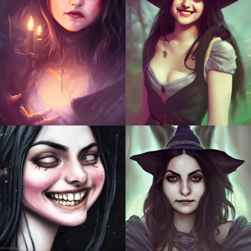 Prompt: female Camila Mendes, as a witch, fun smile, pale face, realistic character concept, medium shot, fun pose, illustration, artstation, cinematic lighting, hyperdetailed, cgsociety, 8k, high resolution, insanely detailed and intricate, beautiful
