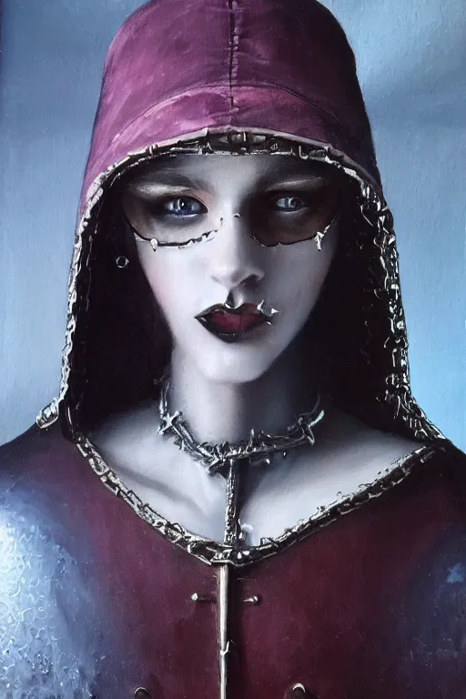 Image similar to hyperrealism oil painting, close - up portrait of european medieval brunette vampire fashion model, knight, steel gradient mixed with nebula sky, in style of baroque