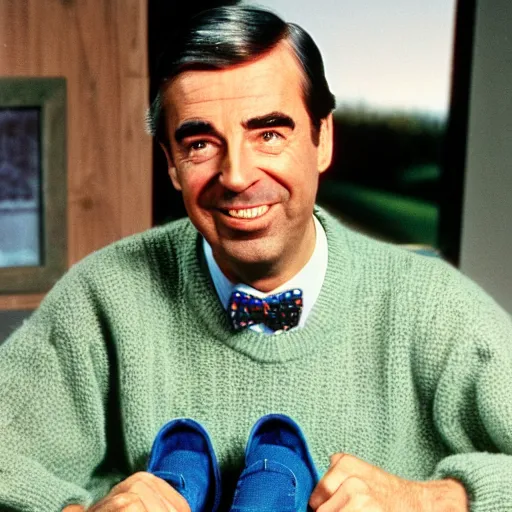 Prompt: fred rodgers, mr. rodgers neighborhood, blue sweater, putting on his shoes,