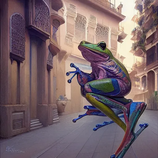 Prompt: frog travels through marrakech streets, palm trees, highly detailed, digital painting, artstation, concept art, smooth, sharp focus, illustration, art by artgerm and greg rutkowski and alphonse mucha