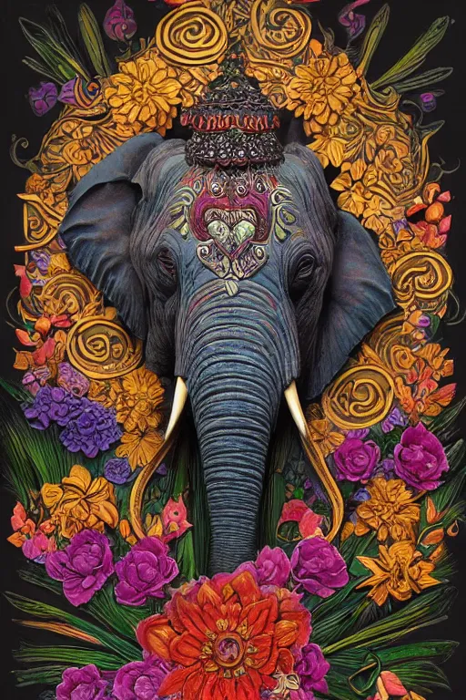 Prompt: Painted dark-wood relief carving of a Flowerpunk Matriarch Elephant, explosion of colorful flowers, dark wood, intricately carved, black ink, festival of rich colors, intricate details, cinematic lighting, volumetric lighting, post-processing, by andreas rocha and john howe, and Martin Johnson Heade, featured on artstation, featured on behance, golden ratio, hyper detailed, photorealistic, epic composition, center spotlight, f32, well composed, UE5, 8k