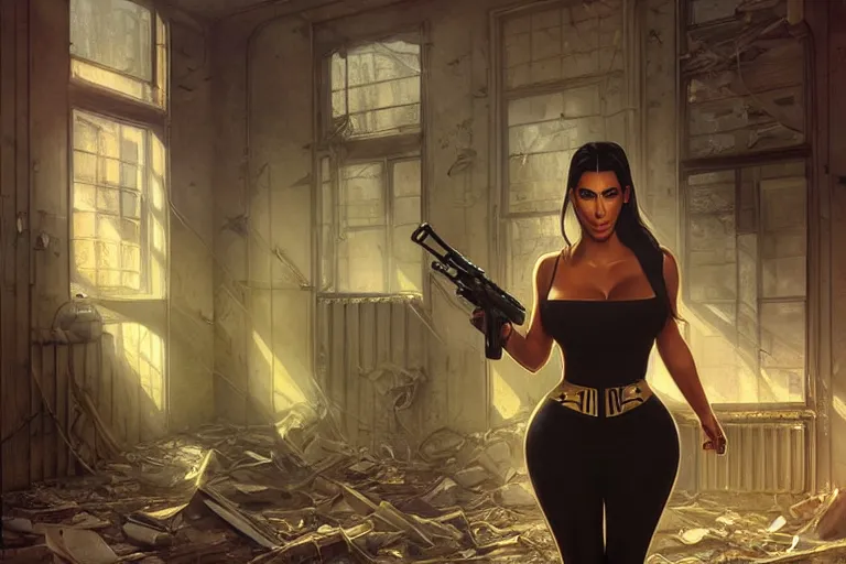 Image similar to cop kim kardashian inside a derelict apartment, glowing walkie talkie, realistic portrait, symmetrical, highly detailed, digital painting, artstation, concept art, smooth, sharp focus, illustration, cinematic lighting, art by artgerm and greg rutkowski and alphonse mucha