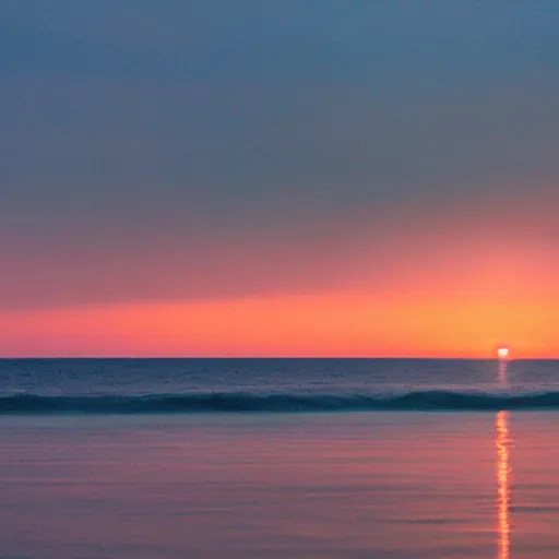 Image similar to blush colored sky with light pink clouds on a calm open ocean reflecting the sky dreamland