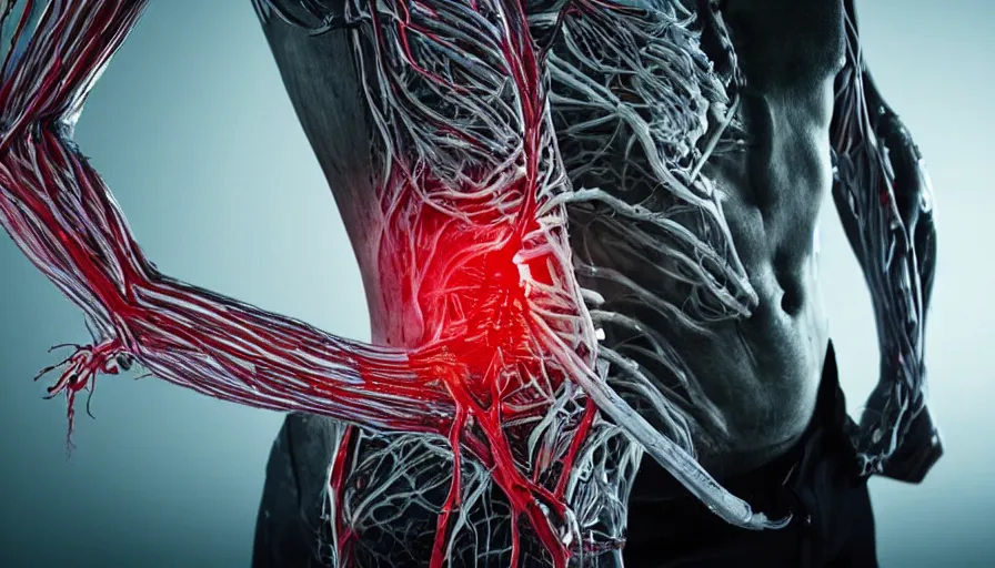 Image similar to big budget horror movie a cyborg fusing its vascular system with a human