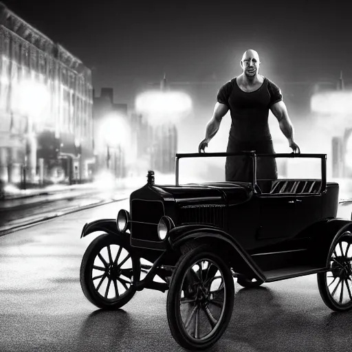 Image similar to very closeup photo of vin diesel as tommy angelo standing near ford model t, chicago 1 9 3 0, night, volumetric lighting, ultra realistic, highly detailed, cinematic, art by jan urschel and neil blevins