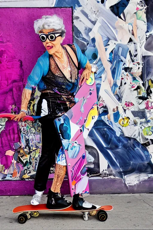 Image similar to a portrait of a fashionable gran on a skateboard in los angeles, in the style of david lachapelle