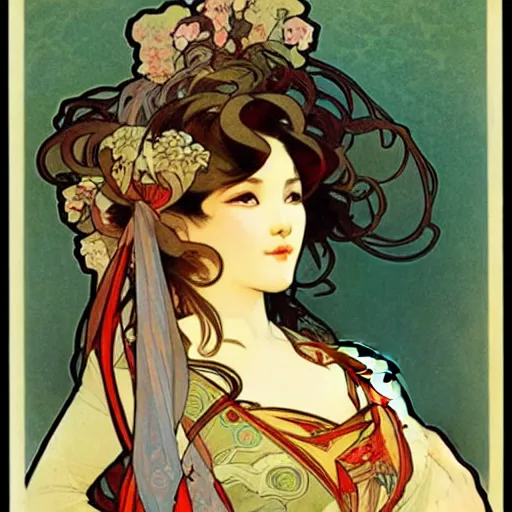 Prompt: beautiful women with oriental faces, character portrait, sharp, art by alphonse maria mucha