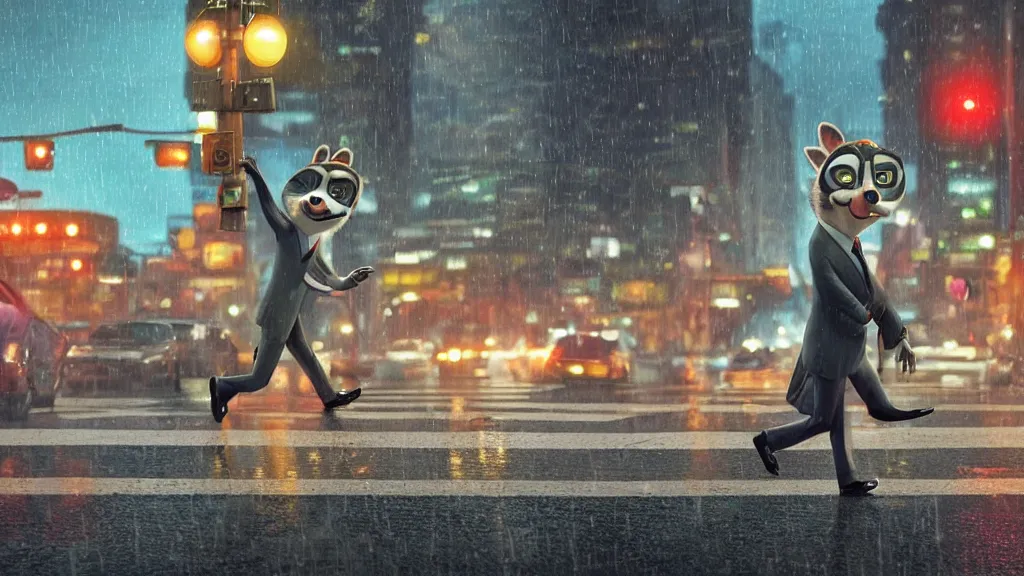 Image similar to A cute anthropomorphic raccoon businessman is walking down a busy crosswalk at in the rain at night, warm lighting with an orange glow blanketing the cityscape from the city lights, zootopia, other anthropomorphic characters are walking by him, extremely detailed, HDR, sideview, solemn and moody, many cars and animal people in the background, detailed face and eyes, large eyes with visible pupils, the road is wet with many rain puddles, reflections from the water on the ground, he is carrying a black briefcase