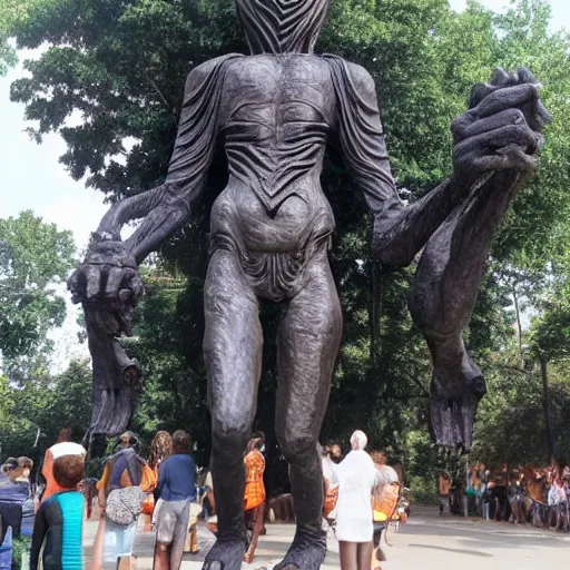 Image similar to giant sculpture of eldrich alien god, made of black stone, worshipped by crowd of neanderthals