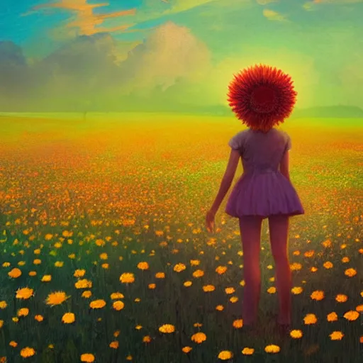 Image similar to giant daisy flower head, full body girl standing in a flower field, surreal photography, sunrise, dramatic light, impressionist painting, colorful clouds, digital painting, artstation, simon stalenhag