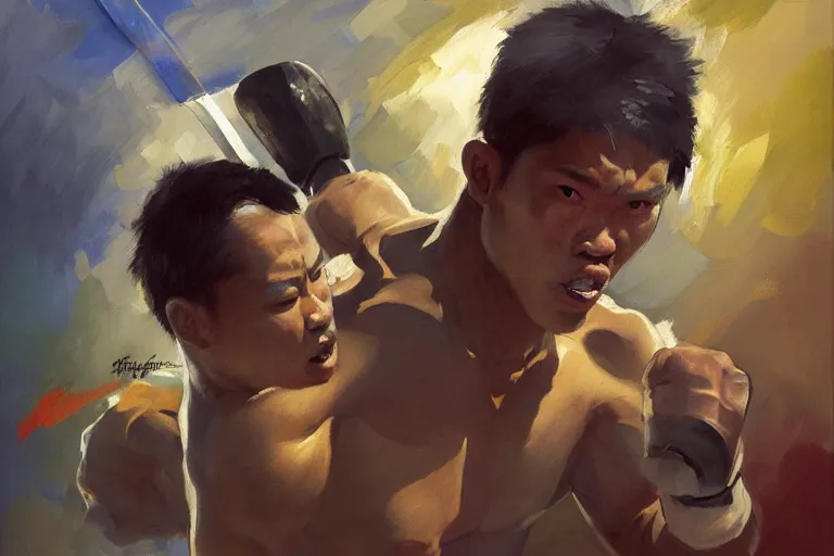 Prompt: greg manchess portrait of a filipino mma fighter with a sword shouting happy, profile picture, organic painting, sunny day, matte painting, bold shapes, hard edges, street art, trending on artstation, by huang guangjian, gil elvgren, ruan jia, randy vargas, greg rutkowski