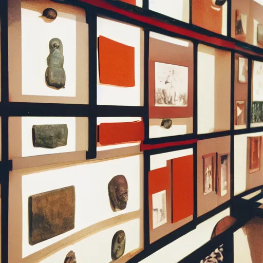 Prompt: An offset photography of an object on display, three colors, anthropology of wonder, (exotic artifacts), bauhaus, colonial expedition, exhibition, 60s style