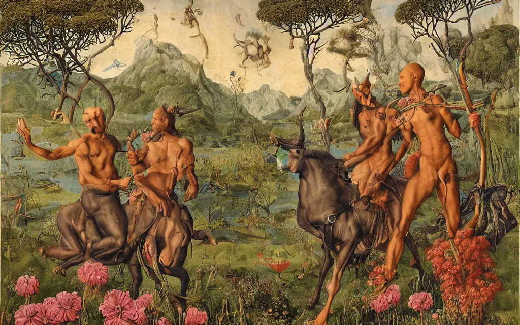 Image similar to a portrait photograph of a meditating satyr and a centaur monk riding a rocket machine and hunting at a river delta. surrounded by bulbous flowers and trees. mountain range under a blue sky of fiery stars. by jan van eyck, max ernst, ernst haeckel, ernst fuchs and artgerm, cgsociety, fashion editorial, 8 k