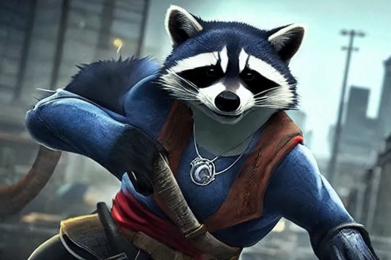 Prompt: the raccoon sly cooper in a dark and gritty reboot from the makers of assassin's creed