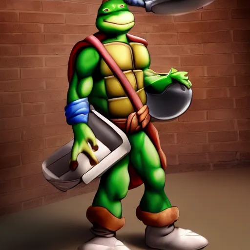 Prompt: teenage mutant ninja turtle michaelangelo holding frying pan full of doornails, wearing white chef hat, volumetric lighting, realistic, photo, artstation