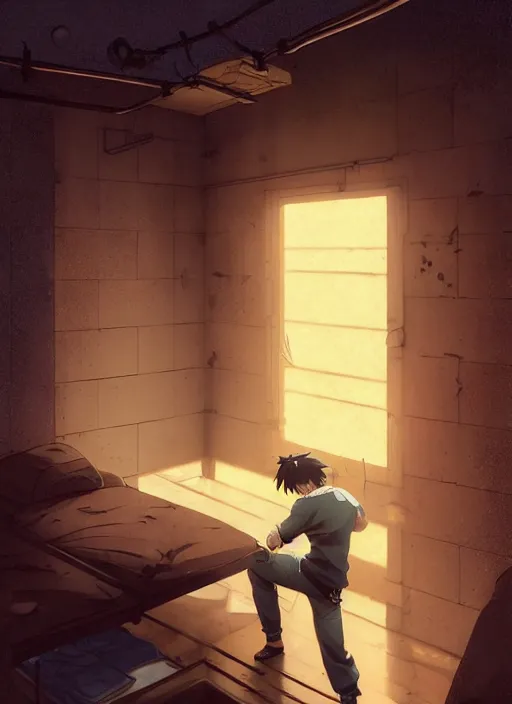 Image similar to highly detailed prison cell with naruto uzumaki with black hair, bars in window, hitting a wall, art by greg rutkowski, loish, rhads, ferdinand knab, makoto shinkai and lois van baarle, ilya kuvshinov, rossdraws, tom bagshaw, global illumination, radiant light, detailed and intricate environment