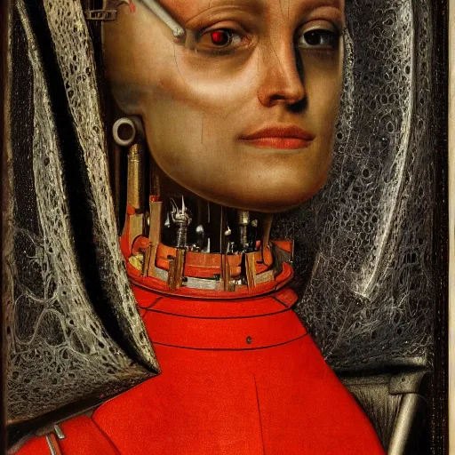 Prompt: a portrait of cyborg princess jacked into a man-machine interface by Jan van Eyck