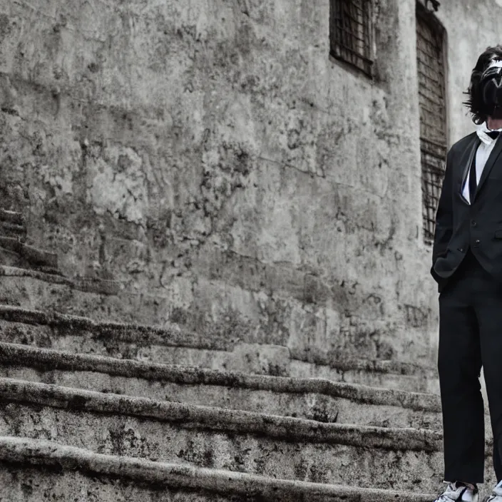 Image similar to cinematic movie, background is castle and steps, with a man wearing a silver melt mask, silver wavy long hair, black suit, 4 k