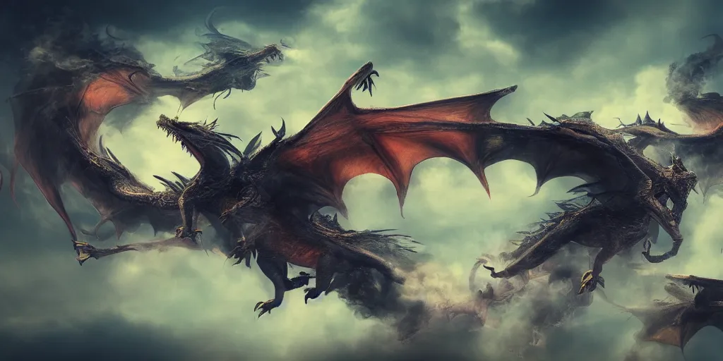 Prompt: muted colorful smoke, smoke shaped very vague dim smoky reminiscent (translucence) of dragons racing with outstretched wings, action, high energy, smoke, distant villagescape, cgsociety, HDR