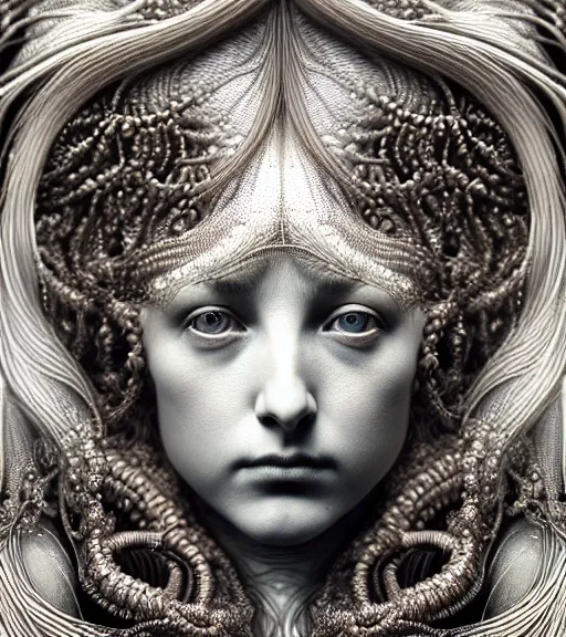 Prompt: detailed realistic beautiful platinum goddess face portrait by jean delville, gustave dore, iris van herpen and marco mazzoni, art forms of nature by ernst haeckel, art nouveau, symbolist, visionary, gothic, neo - gothic, pre - raphaelite, fractal lace, intricate alien botanicals, biodiversity, surreality, hyperdetailed ultrasharp octane render