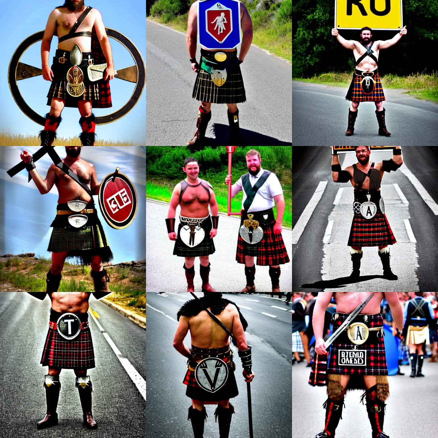 Prompt: gladiator wearing a road sign on his kilt