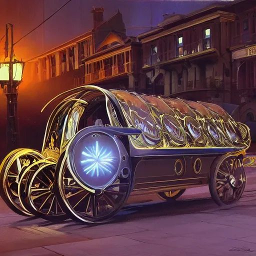 Image similar to painting of syd mead artlilery scifi parametric victorian carriage with ornate metal work lands on a sidewalk, filigree ornaments, volumetric lights, simon stalenhag