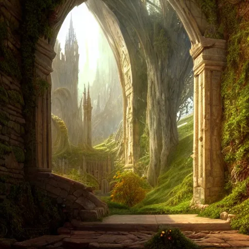 Image similar to a beautiful and highly detailed matte painting of an ancient elven doorway to avalon, epic scale, insanely complex, hyperdetailed, sharp focus, hyperrealism, artstation, cgsociety, 8 k, by caspar friedrich, albert bierstadt, james gurney, brian froud,