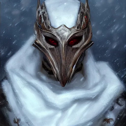 Prompt: fantasy snow bandit ‘ icewind dale ’ with mask, snow scene, ‘ icewind dale 2 ’ profile portrait by ‘ justin sweet ’, falling snow, soft focus, oil paint, artstation