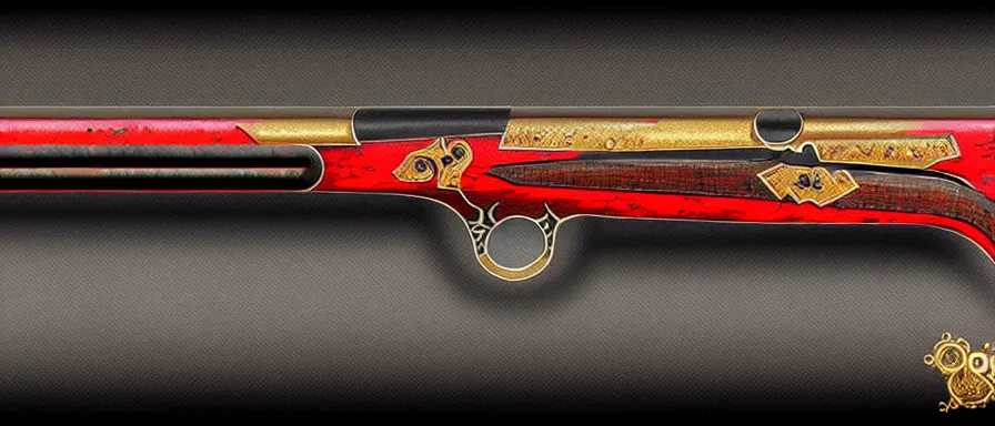 Image similar to a magical antique sawed - off double - barreled shotgun made from glossy red - painted wood and elements of gold metalwork, video game concept art