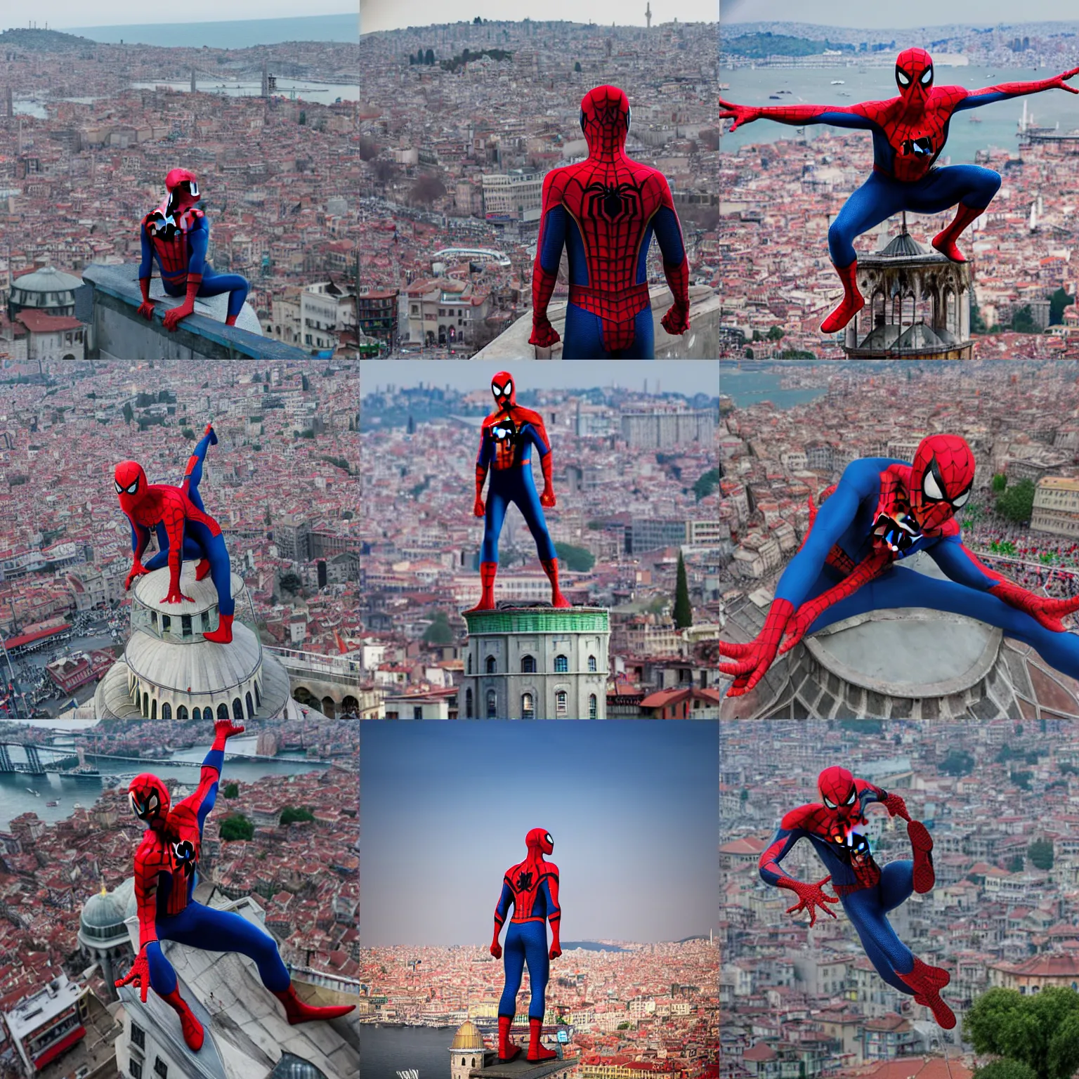 Image similar to Spider-man on top of the Galata Tower in Istanbul, photorealistic, 4K, 200mm lens