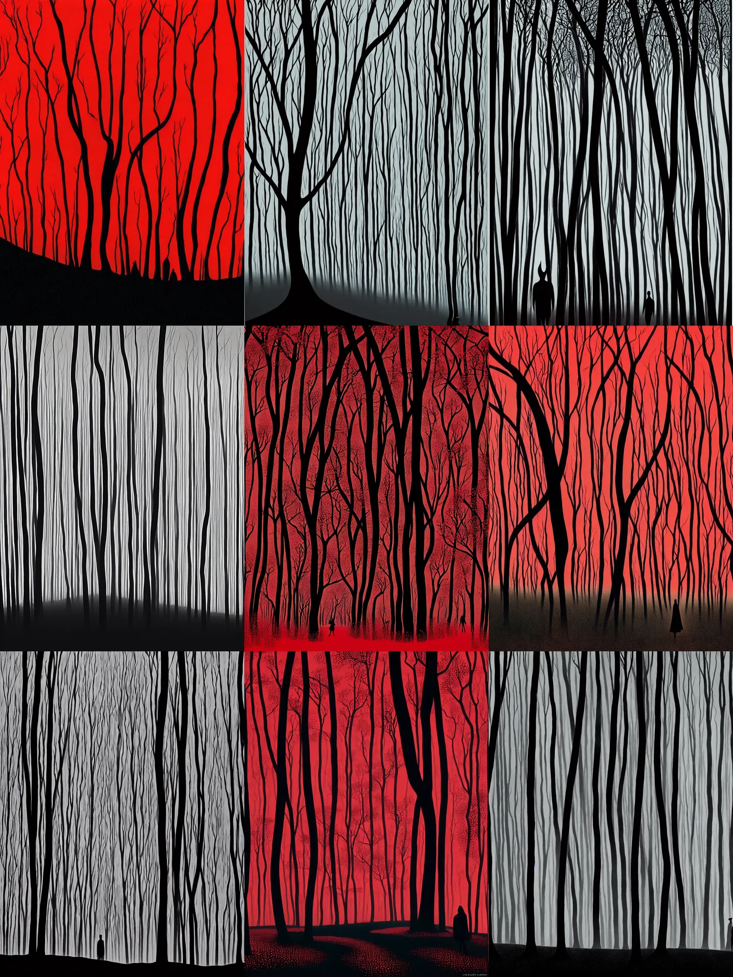 Prompt: an ominous, slender black stylized silhouette walking towards an epic forest of red trees by eyvind earle, centered composition, symmetrical