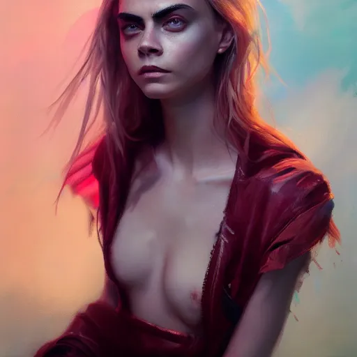 Image similar to cara delevingne, full body colorful oil painting by greg rutkowski, charlie bowater, yuumei, yanjun cheng, unreal 5, daz, hyperrealistic, octane render, rpg portrait, dynamic lighting, fantasy art, beautiful face