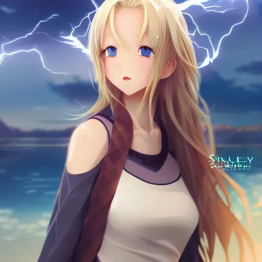 Image similar to a very beautiful anime cute girl, full body, long wavy blond hair, sky blue eyes, full round face, short smile, fancy top, miniskirt, front view, summer lake setting, cinematic lightning, medium shot, mid-shot, highly detailed, cinematic wallpaper by Stanley Artgerm Lau