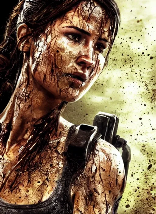Prompt: a film still of lara croft as swat cop, her face muddy and sweat, direct sun light, close up potrait, cinematic,